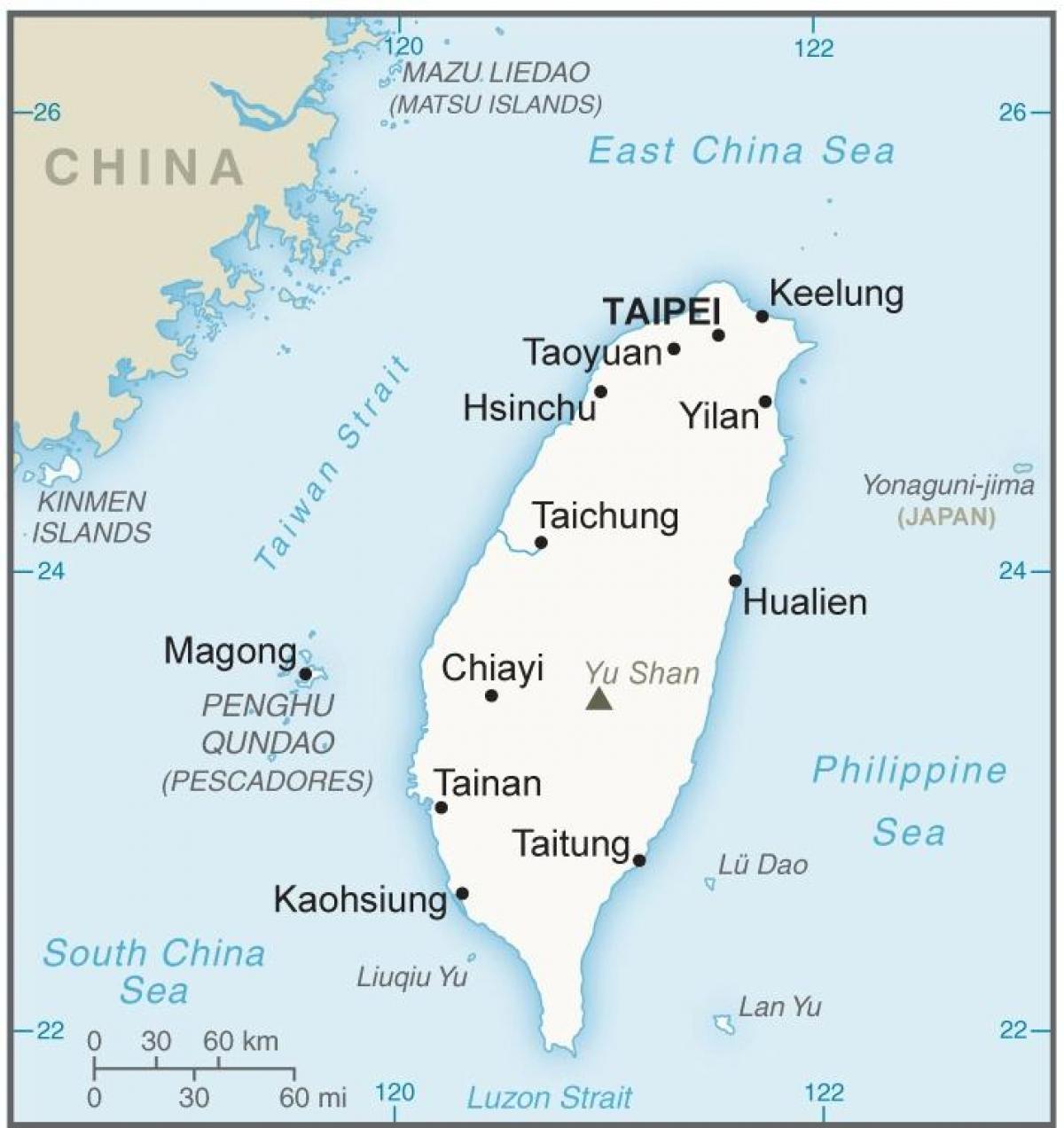 Kaart van Taiwan met de belangrijkste steden